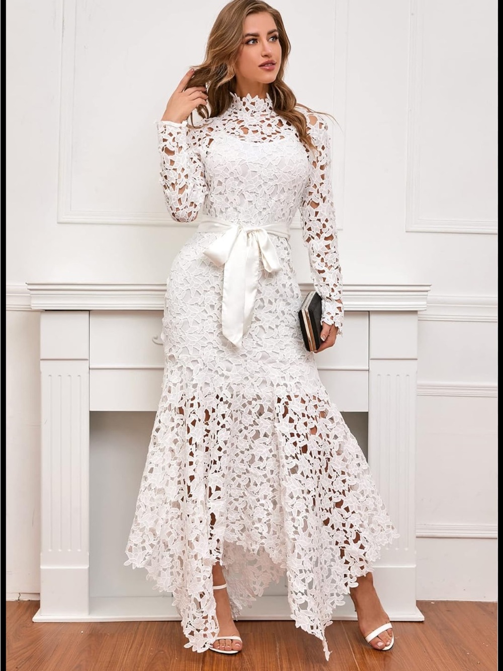 White Lace Maxi Dress with slip dress liner and Waist Tie
